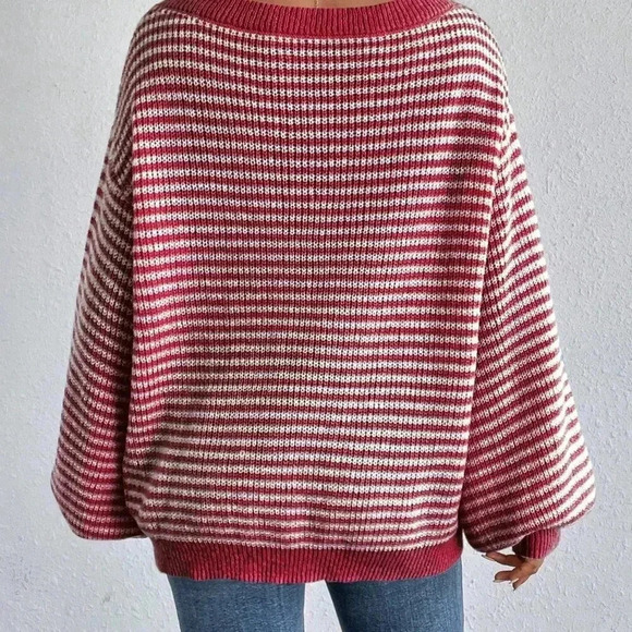 Pink Casual Women's Striped Printed Turtleneck Pullover Sweater - Picture 3 of 7